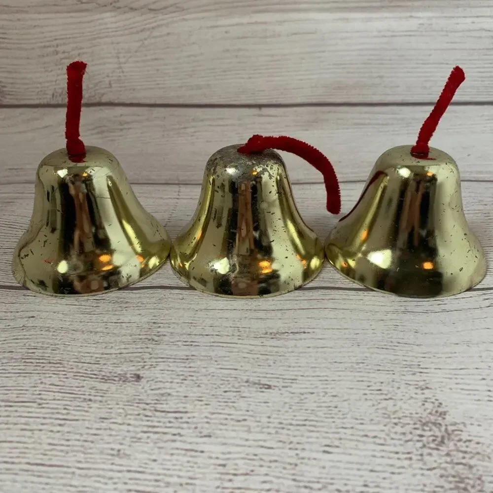 Vintage Gold Metal Bells Set of 3 with Red Strings 3